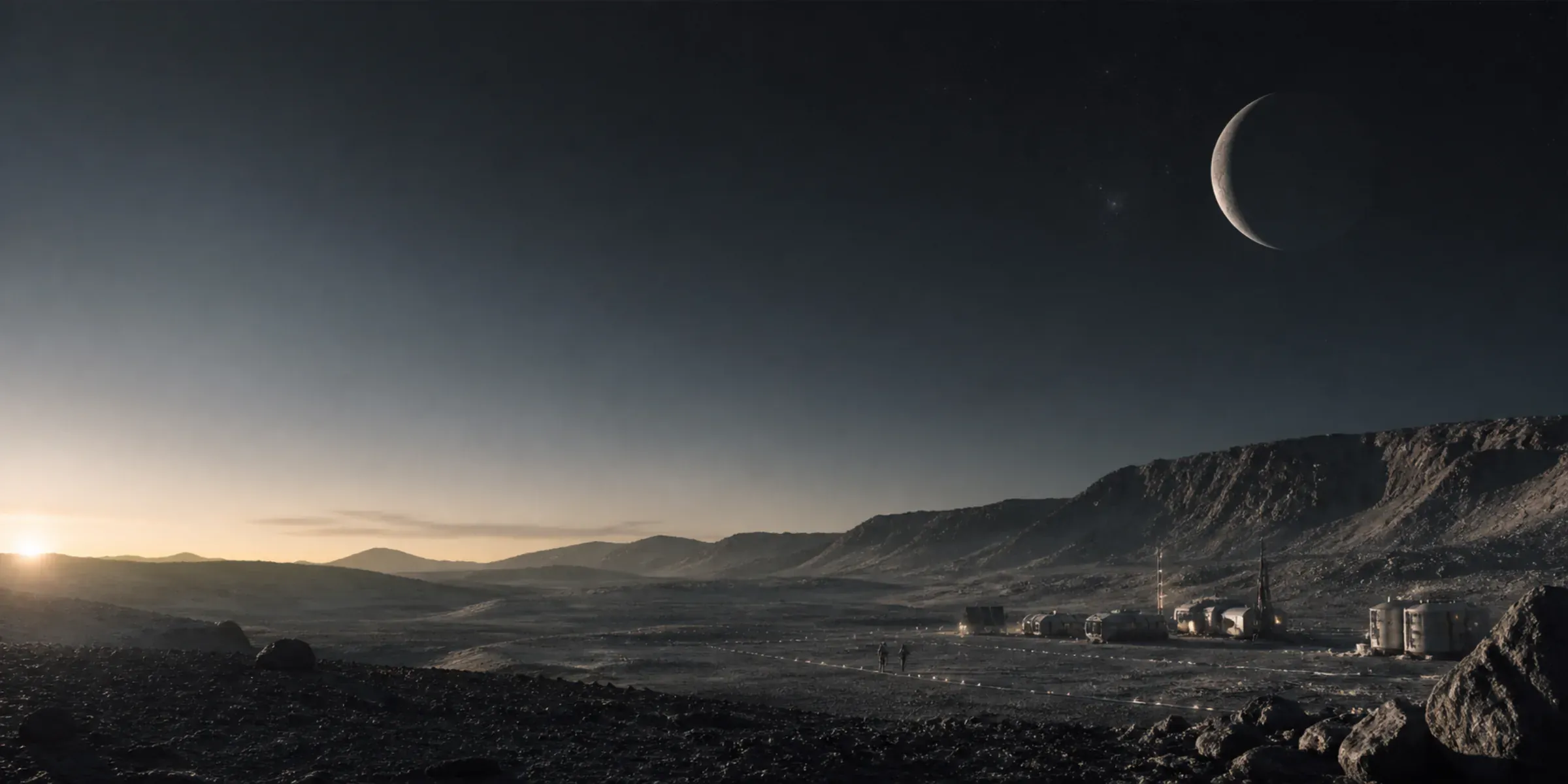 A small human settlement taking shape across a vast cratered plain at dawn
